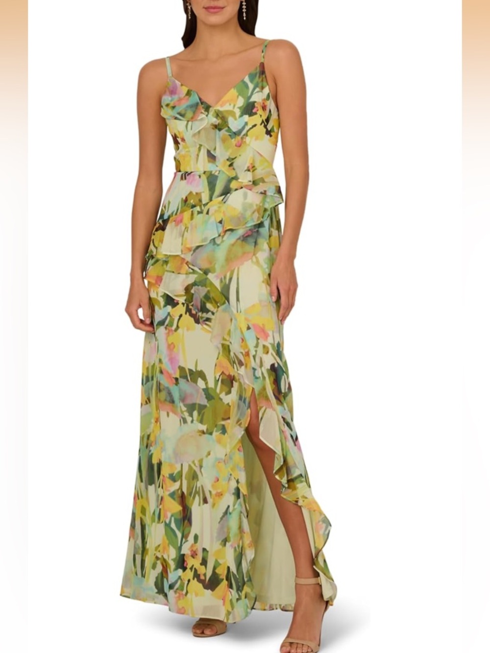 Adrianna Papell Yellow Floral Ruffle V‑Neck Maxi Dress